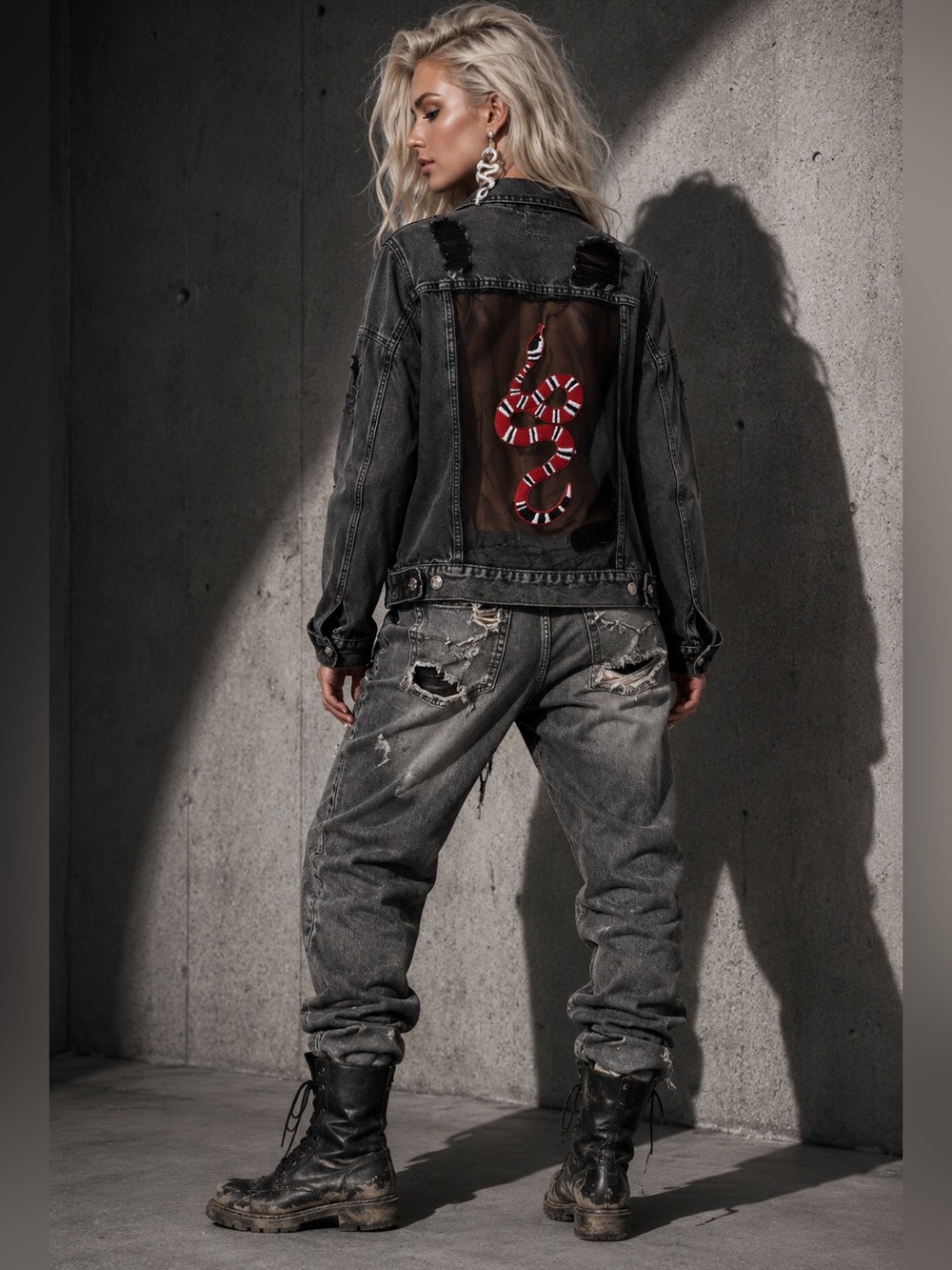Black Distressed Denim Jacket with Red Snake Appliqué